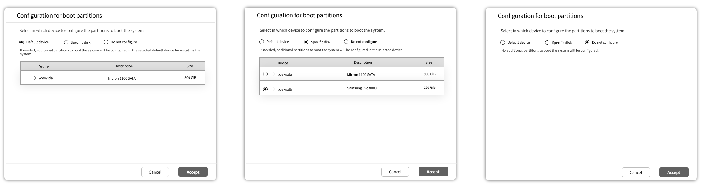 Dialog to configure booting