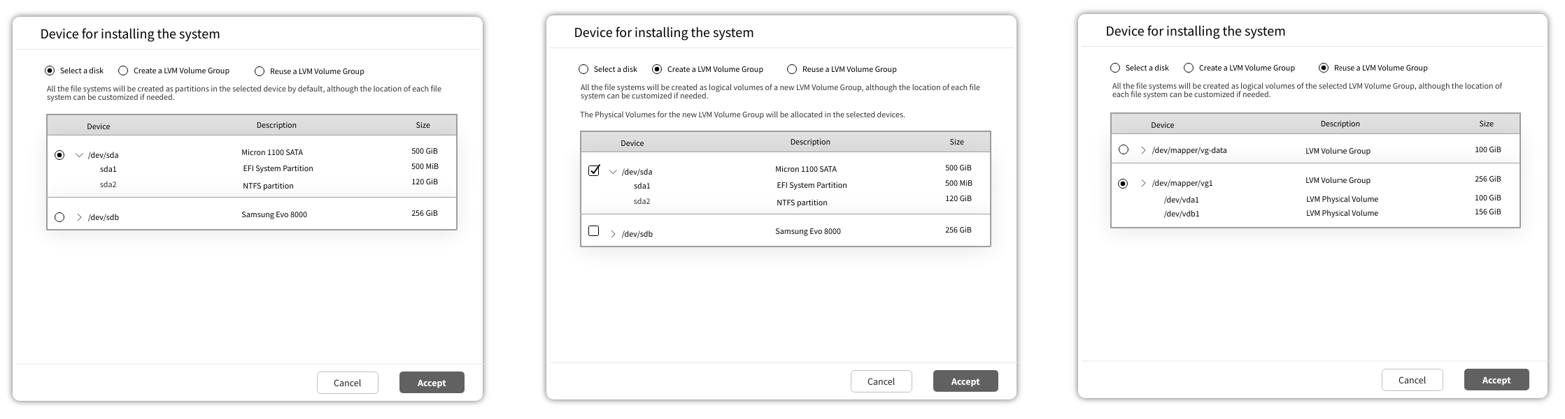 Dialog to select installation device
